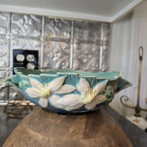 Vintage Roseville USA Handled Round Bowl Clemantis Ciel Blue 457-8"
